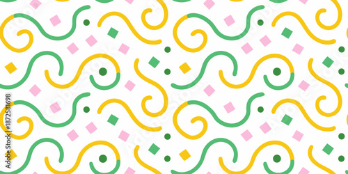 Colorful confetti pattern with swirls dots and diamond shapes on white