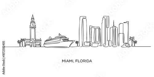 Miami, Florida City Skyline Continuous Line Art with Cruise Ship and Palm Trees