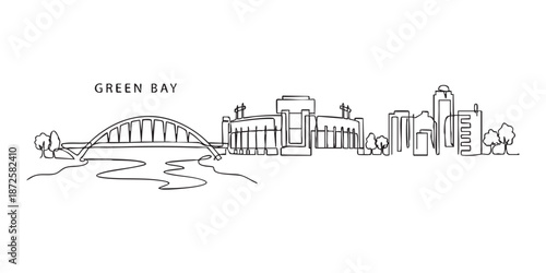 Green Bay, Wisconsin Skyline Continuous Line Art with Stadium and Bridge