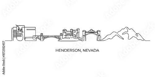 Henderson, Nevada City Skyline Continuous Line Art with Mountains and Resort