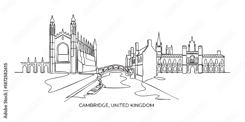 Fototapeta premium Cambridge, United Kingdom Skyline Continuous Line Art with College Chapel and Punt