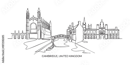Cambridge, United Kingdom Skyline Continuous Line Art with College Chapel and Punt