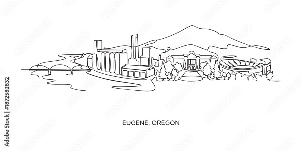 Obraz premium Eugene, Oregon City Skyline Continuous Line Art with Landmarks and Mountain