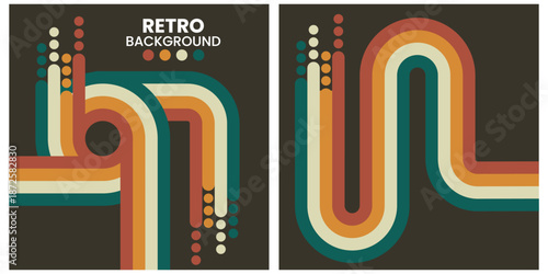 Retro Geometric Shapes in Warm Tones on Black Background Triptych