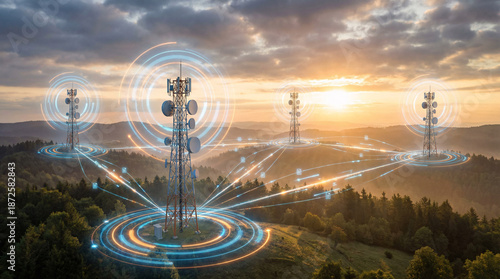 Telecommunication towers transmitting signals over landscape at sunrise, representing mobile connectivity, wireless communication, network coverage and digital infrastructure.