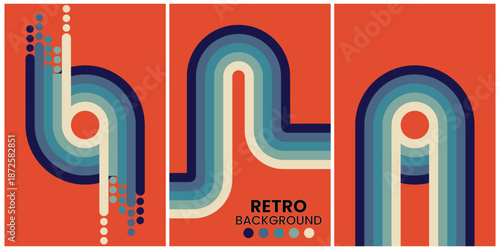 Retro Geometric Shapes in Warm Tones on Black Background Triptych