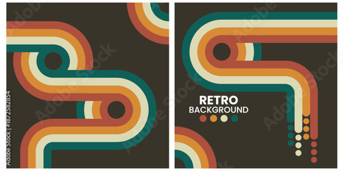 Retro Geometric Shapes in Warm Tones on Black Background Triptych