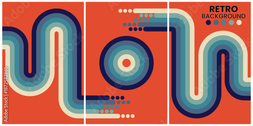 Retro Geometric Shapes in Warm Tones on Black Background Triptych