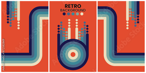 Retro Geometric Shapes in Warm Tones on Black Background Triptych