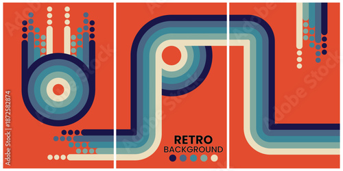 Retro Geometric Shapes in Warm Tones on Black Background Triptych