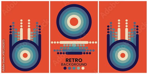 Retro Geometric Shapes in Warm Tones on Black Background Triptych