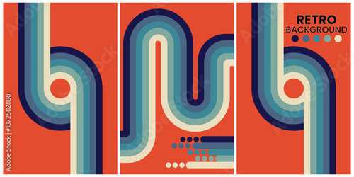 Retro Geometric Shapes in Warm Tones on Black Background Triptych