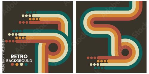 Retro Geometric Shapes in Warm Tones on Black Background Triptych