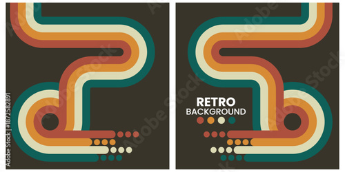 Retro Geometric Shapes in Warm Tones on Black Background Triptych