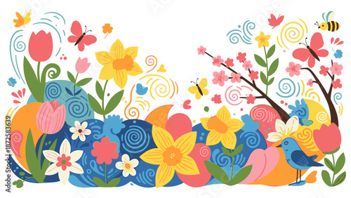 Vibrant floral illustration featuring blooming flowers, butterflies, and bees in a lively garden scene from a frontal viewpoint