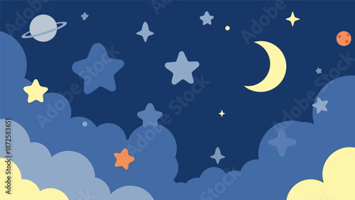 Celestial Night Sky with Stars, Moon, and Clouds in a Whimsical Illustration