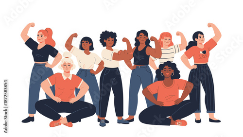 Diverse group of women and girls celebrating together, flexing and sitting together, promoting unity and female empowerment