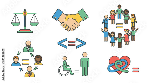 Diverse group of people in various social interactions and equality illustrations