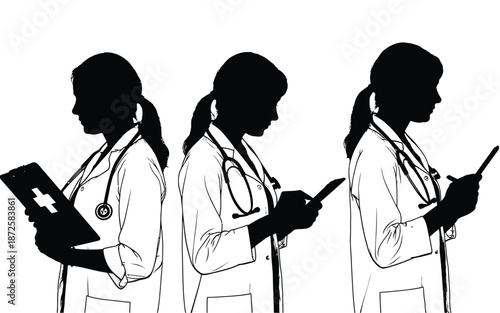 professional female doctors silhouettes vector collection holding stethoscopes, medical charts, and tablets representing healthcare staff, clinical practice, and medical professional work.
