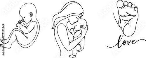 Minimalist line art illustration of mother and newborn baby fetus with tiny feet and love concept for maternity parenting and care