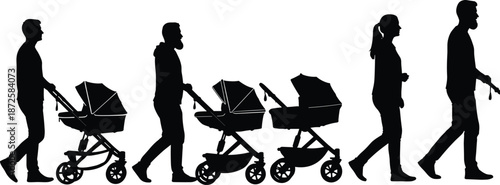 Parents pushing baby strollers silhouette family walking outdoors parenting childcare lifestyle safety love bonding vector illustration modern urban scene concept