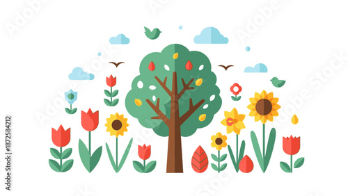 A vibrant tree surrounded by diverse flowers and birds in a serene landscape viewed from a distance