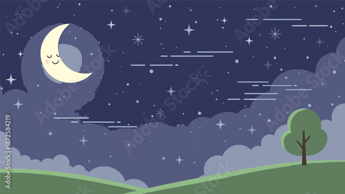 Serene night landscape with crescent moon, stars, and a solitary tree on a hill viewed from a distance