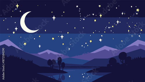 Night Sky with Crescent Moon and Stars over Mountains and Lake