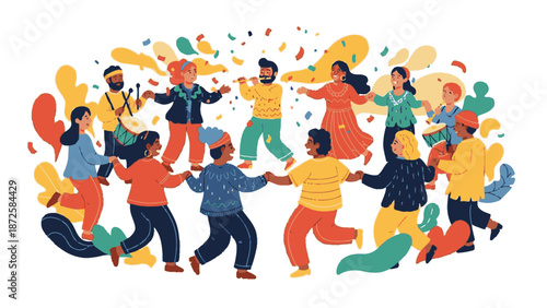 Diverse group of people dancing together in a vibrant celebration with colorful shapes surrounding them in an outdoor setting