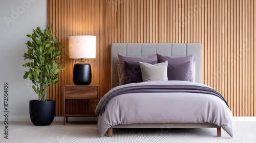 Modern bedroom interior design featuring a cozy bed, stylish lampshade, elegant plant, and wooden accent wall in calming purple grey tones