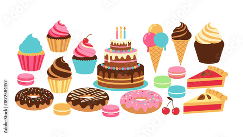 Colorful assortment of sweet baked goods and desserts displayed on a white background