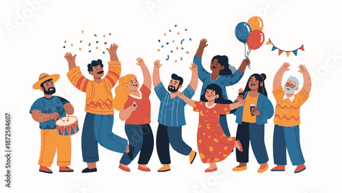 A joyful group of people celebrating a festive occasion together, surrounded by colorful balloons and confetti in a lively atmosphere from a straightforward viewpoint.