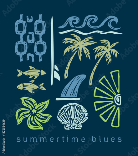Photos Illustration of elements related to the beach, surfing, and summer