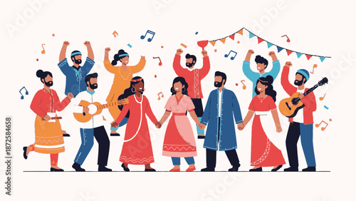 Vibrant cultural celebration with people dancing and playing instruments together in a festive atmosphere.