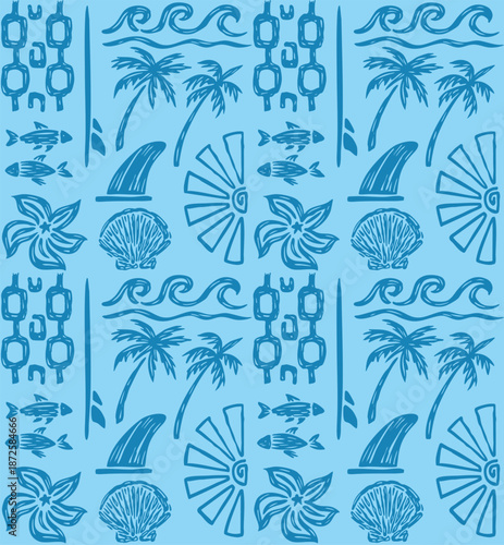 Monochromatic and editable illustration of a repetitive pattern of elements related to the beach, surfing, and 
summer. Art in stylized and rustic lines.