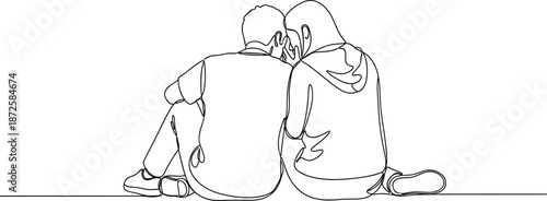 Romantic couple sitting closely in love line art illustration expressing intimacy trust support connection minimal vector design for relationship and emotions