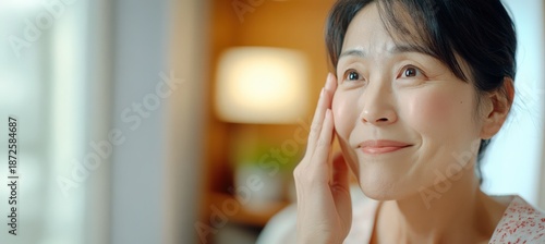 女性が頬に触れる