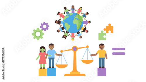 Global equality and balance represented by diverse individuals on a scale with the world in the background