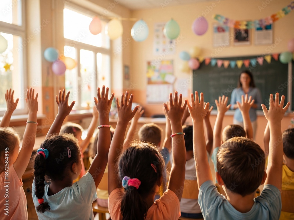 Fototapeta premium Rear view of enthusiastic children raising hands in a sunny classroom with a teacher