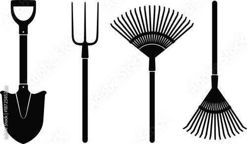Set of Garden Tool Silhouettes Including Shovel, Pitchfork, and Rakes Icons Isolated on White Background for Gardening, Landscaping, Horticulture, and Outdoor Work Design