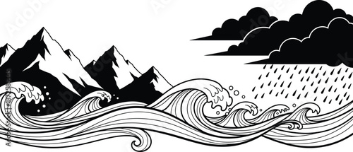Stormy ocean waves illustration with mountains and rain clouds, dramatic nature seascape vector art, black and white maritime design isolated on white background