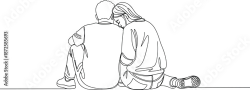Romantic couple sitting together in tender embrace line art illustration showing love support intimacy connection minimal vector design for relationships
