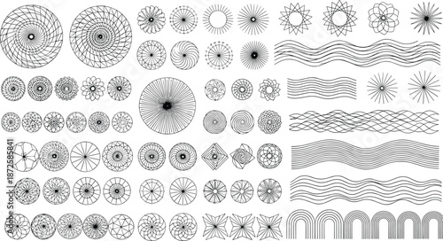 Abstract geometric line art elements set with circular patterns spirals waves sunburst shapes, minimal black vector collection for modern graphic design