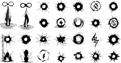 Abstract black ink splash holes and cracked impact effects set, grunge explosion circular shapes vector collection for comics graphic design