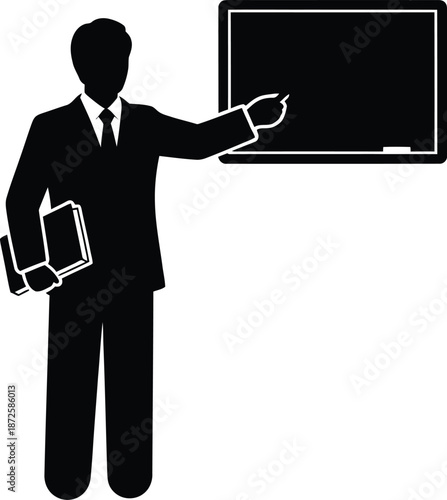 Teacher stands at blackboard pointing with chalk illustration