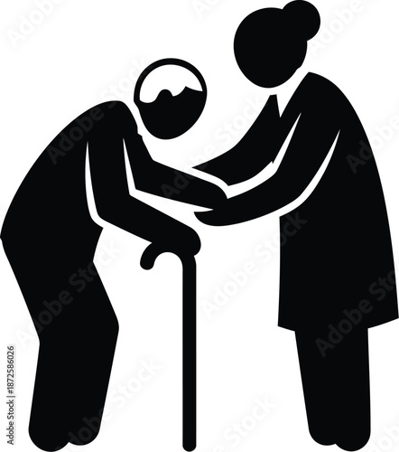 Senior woman helping man with walking stick in silhouette