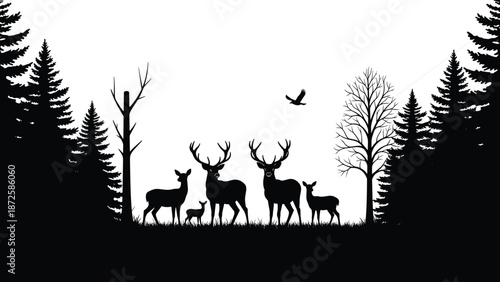 Wild deer family silhouette in forest landscape with trees and flying bird showing nature wildlife scene for outdoor and adventure illustration