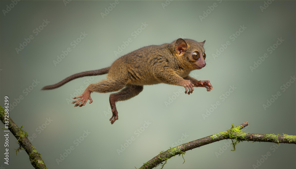 Naklejka premium Dynamic Leap of a Small Mouse Lemur in Mid-Air