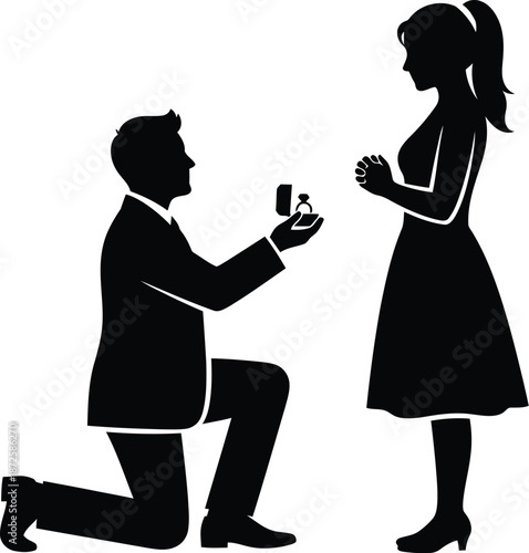 Man makes marriage proposal with ring to woman silhouette vector