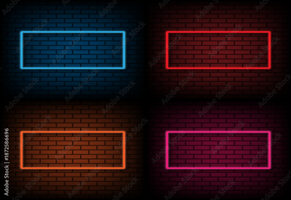 Obraz premium colorful neon rectangular frames on dark brick wall background vector template with copy space for text